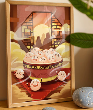 Dumplings de dibujos animados encantadores en un cuenco decorativo en medio de la niebla