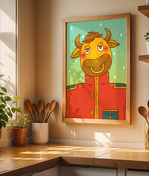 Cartoon cow character in a red coat against a snowy background