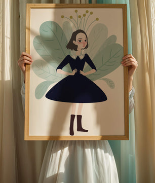 Ilustración de una chica caprichosa con hojas y elementos florales