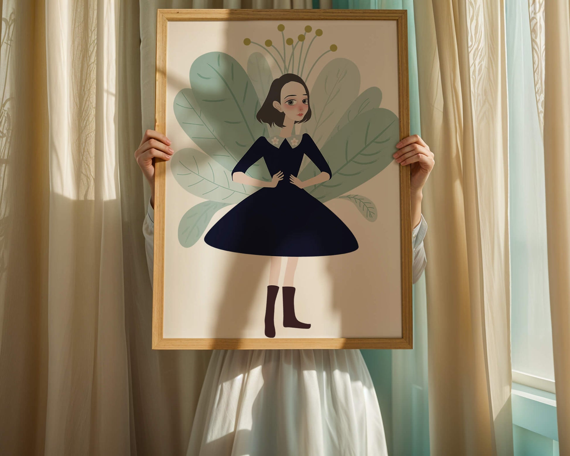 Illustration of a whimsical girl with leaves and floral elements