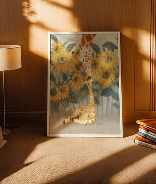 Pintura acuarela de jirafas y girasoles en una escena tierna de una familia de jirafas