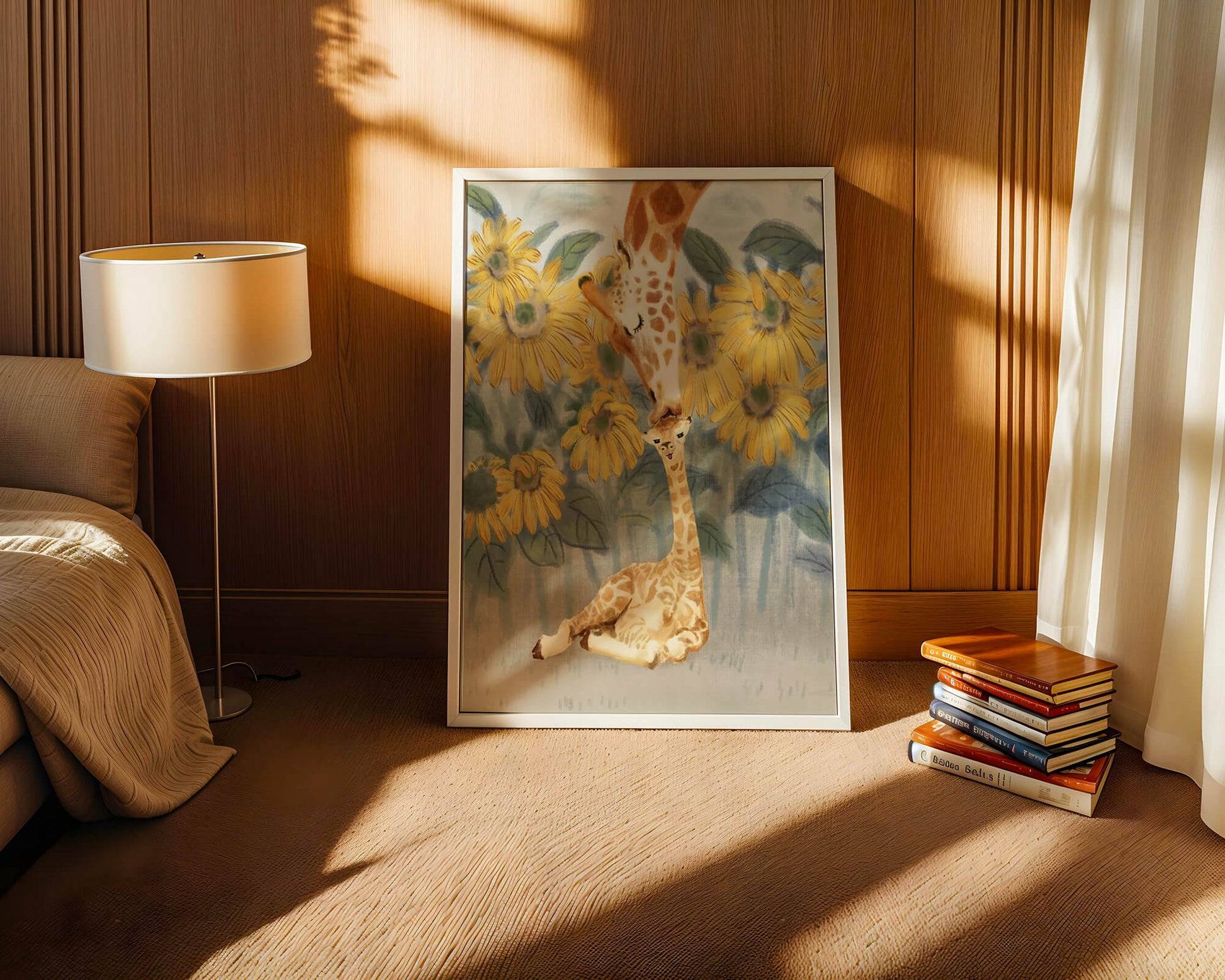 Giraffe and sunflowers watercolor painting of tender giraffe family scene