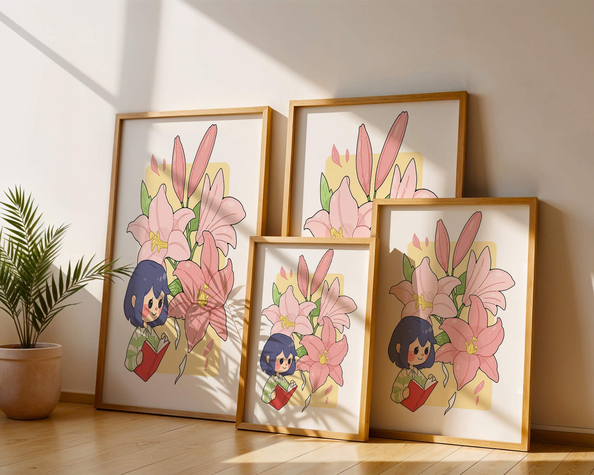 Illustration of a girl reading with large pink lilies in the background