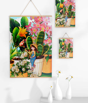 Charmante scène de jardin avec une jeune fille et des fleurs éclatantes