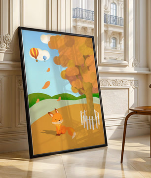 Herbstszene mit einem süßen Fuchs, Heißluftballons und einem bunten Baum