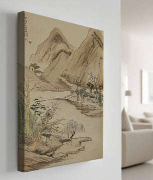 Paisaje sereno con montañas y río en estilo tradicional