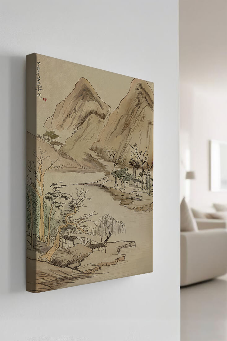 Paisaje sereno con montañas y río en estilo tradicional