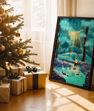 Colorful forest scene with a child and ducks by a stream