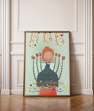Whimsical Abstract Art of a Woman with Flowers and Streamers - Mi tienda