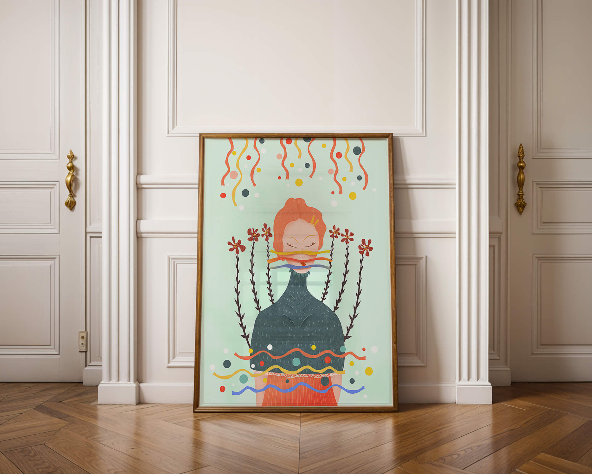 Whimsical Abstract Art of a Woman with Flowers and Streamers - Mi tienda