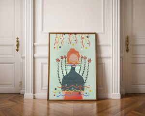 Whimsical Abstract Art of a Woman with Flowers and Streamers - Mi tienda