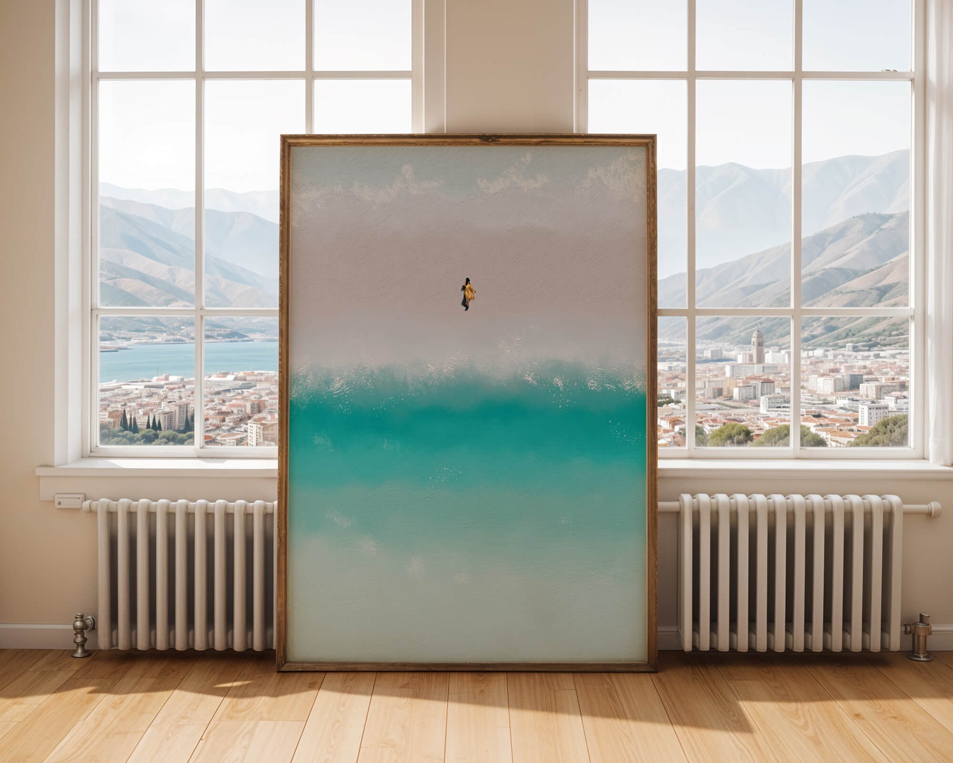 Serene beach with turquoise waves and solitary figure