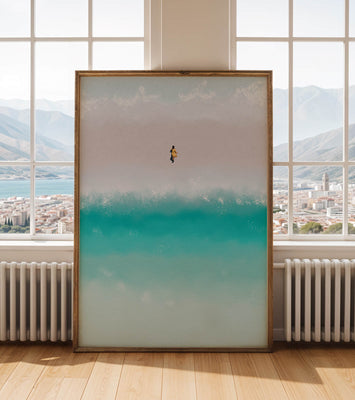 Serene beach with turquoise waves and solitary figure