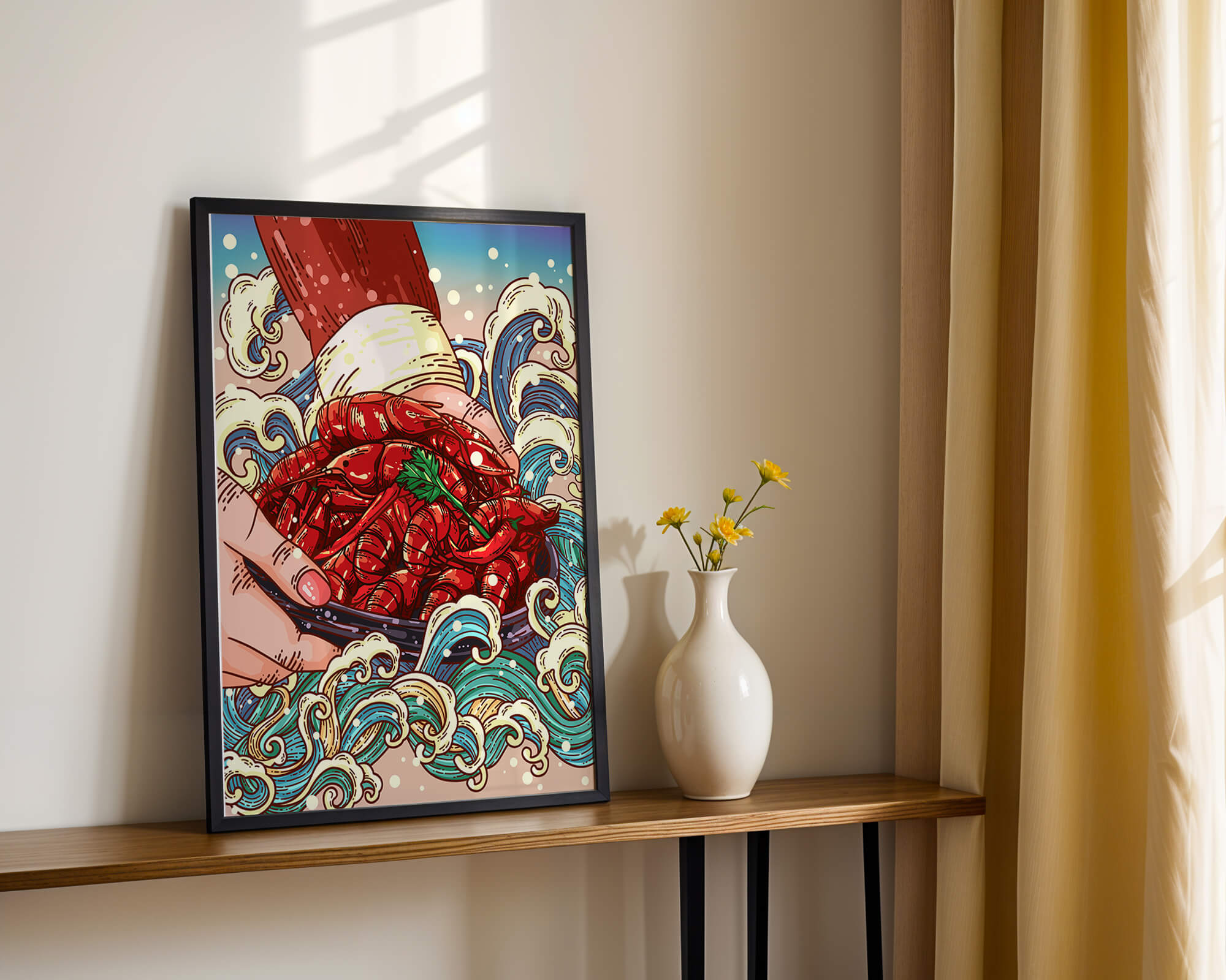 Colorful Cartoon Illustration of Hand Holding Crawfish Over Decorative Waves