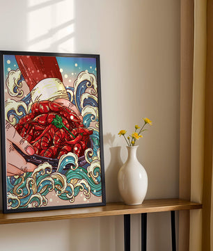 Colorful Cartoon Illustration of Hand Holding Crawfish Over Decorative Waves