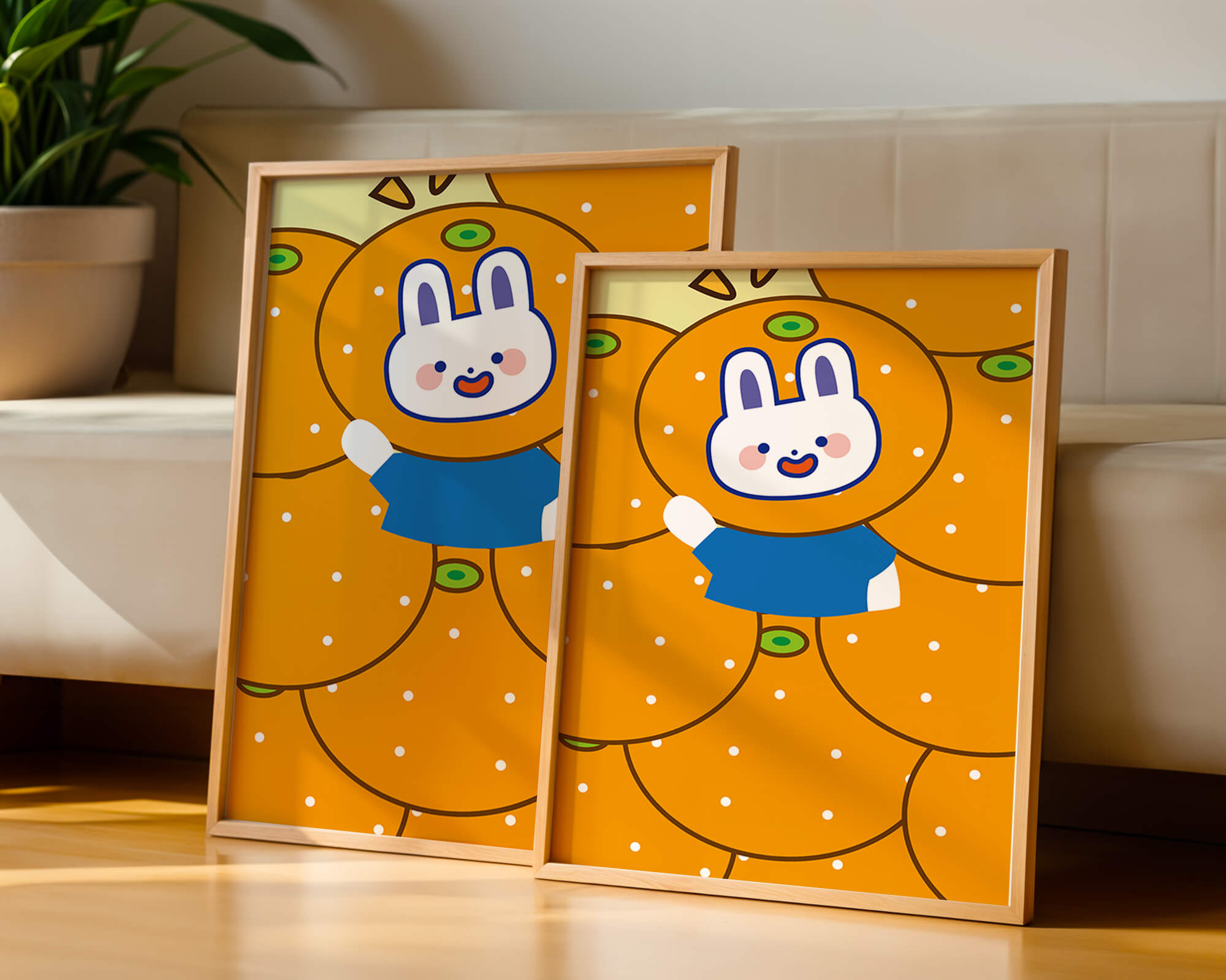 Whimsical illustration of a bunny surrounded by oranges