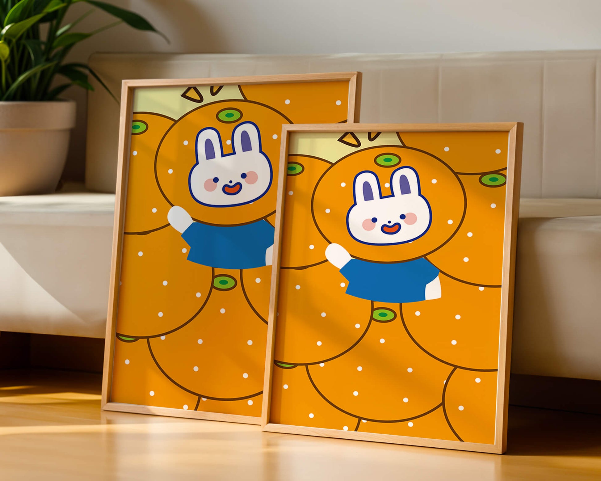 Whimsical illustration of a bunny surrounded by oranges
