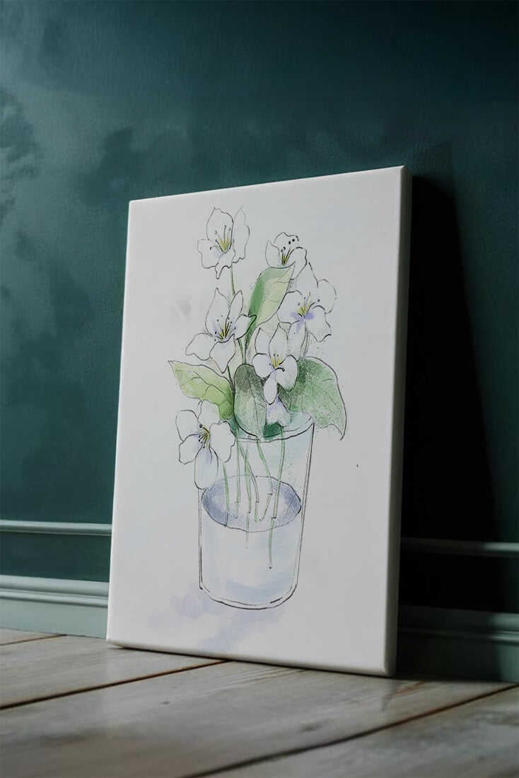 Delicate white flowers in a glass vase illustration
