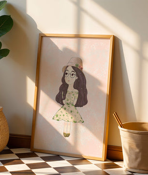 Ilustración encantadora de una niña con vestido y sombrero floral