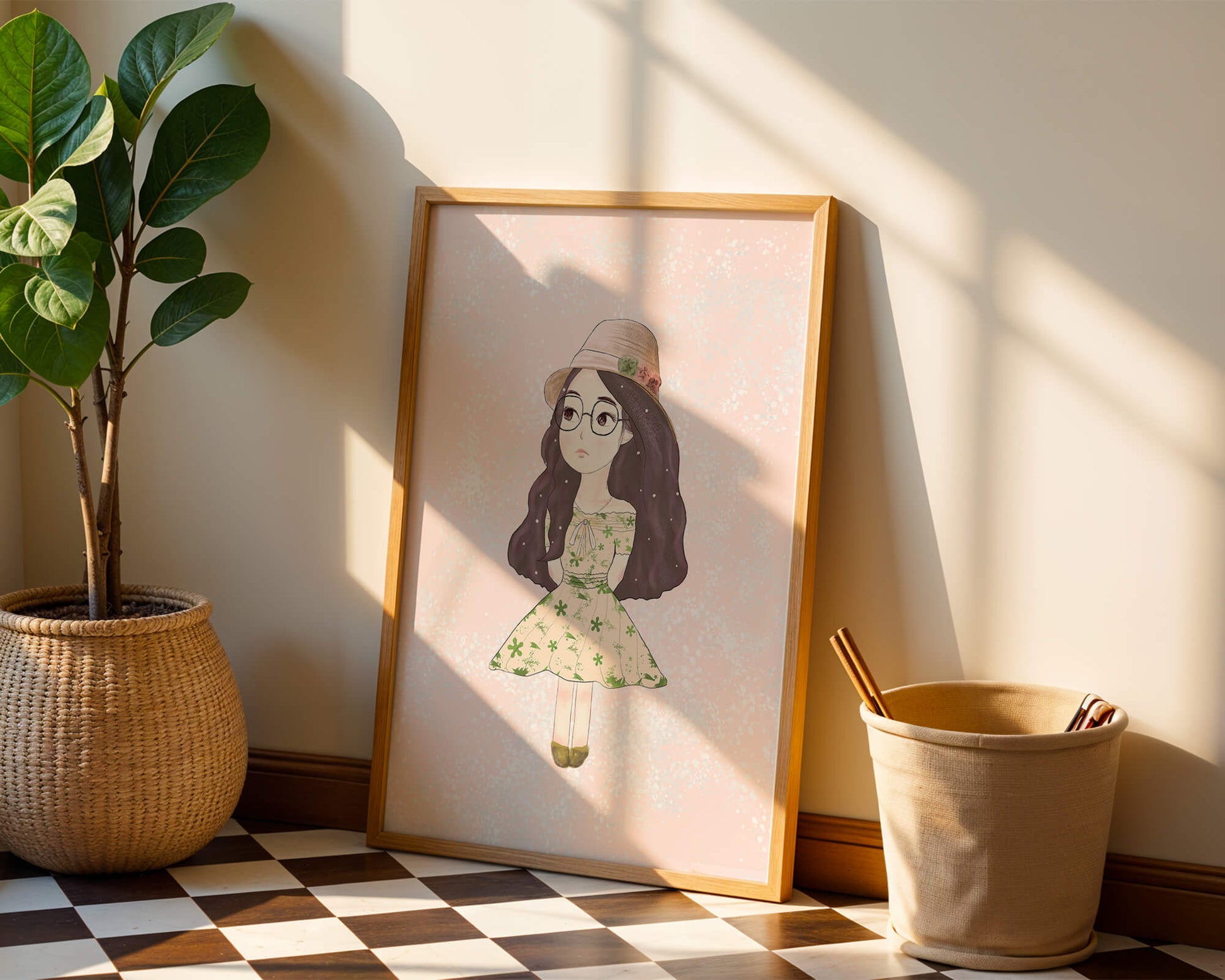 Charming illustration of a girl in a floral dress and hat