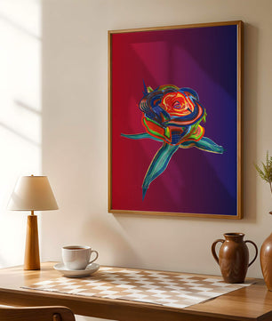 Rosa abstracta vibrante con colores dinámicos sobre fondo degradado