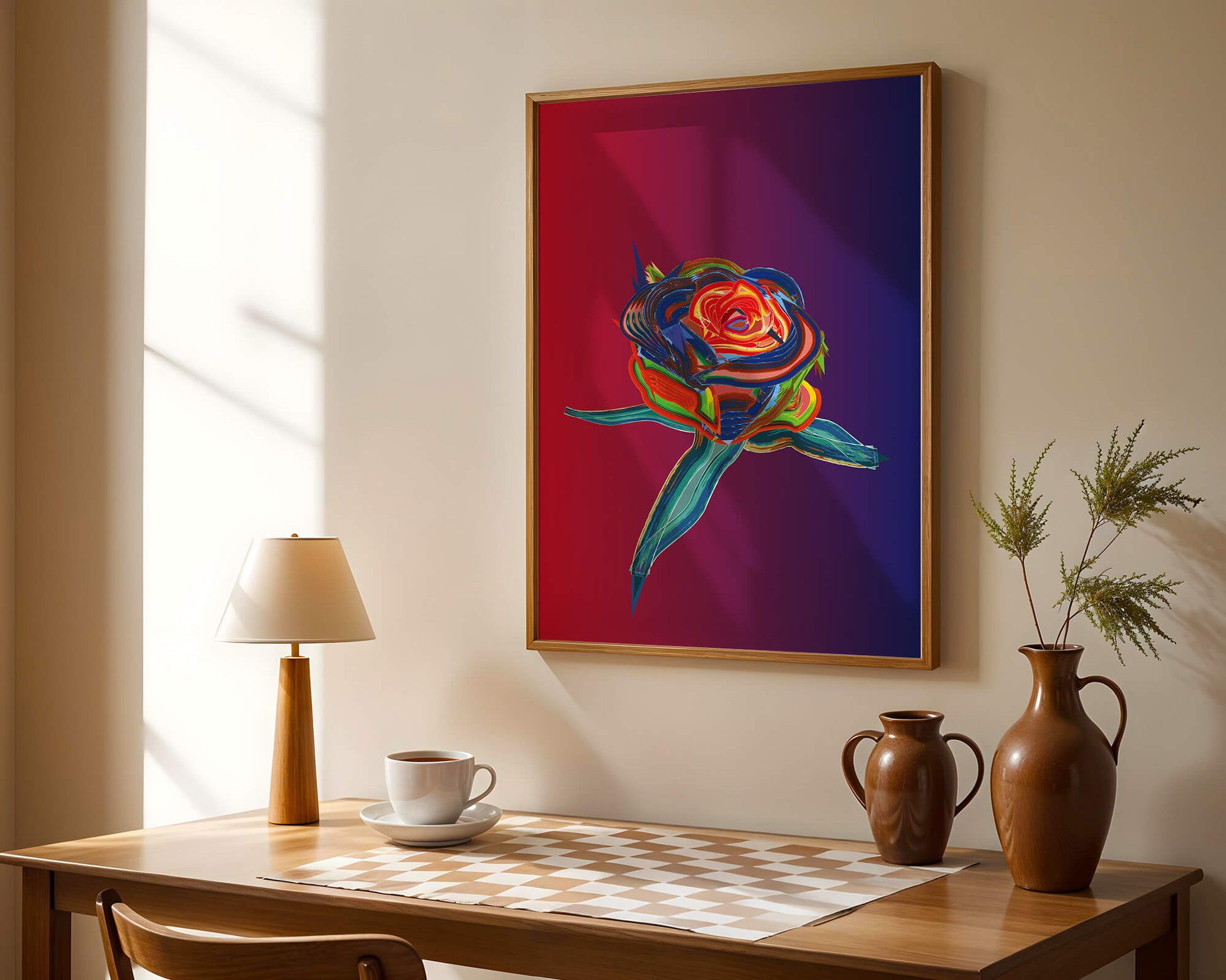 Rosa abstracta vibrante con colores dinámicos sobre fondo degradado