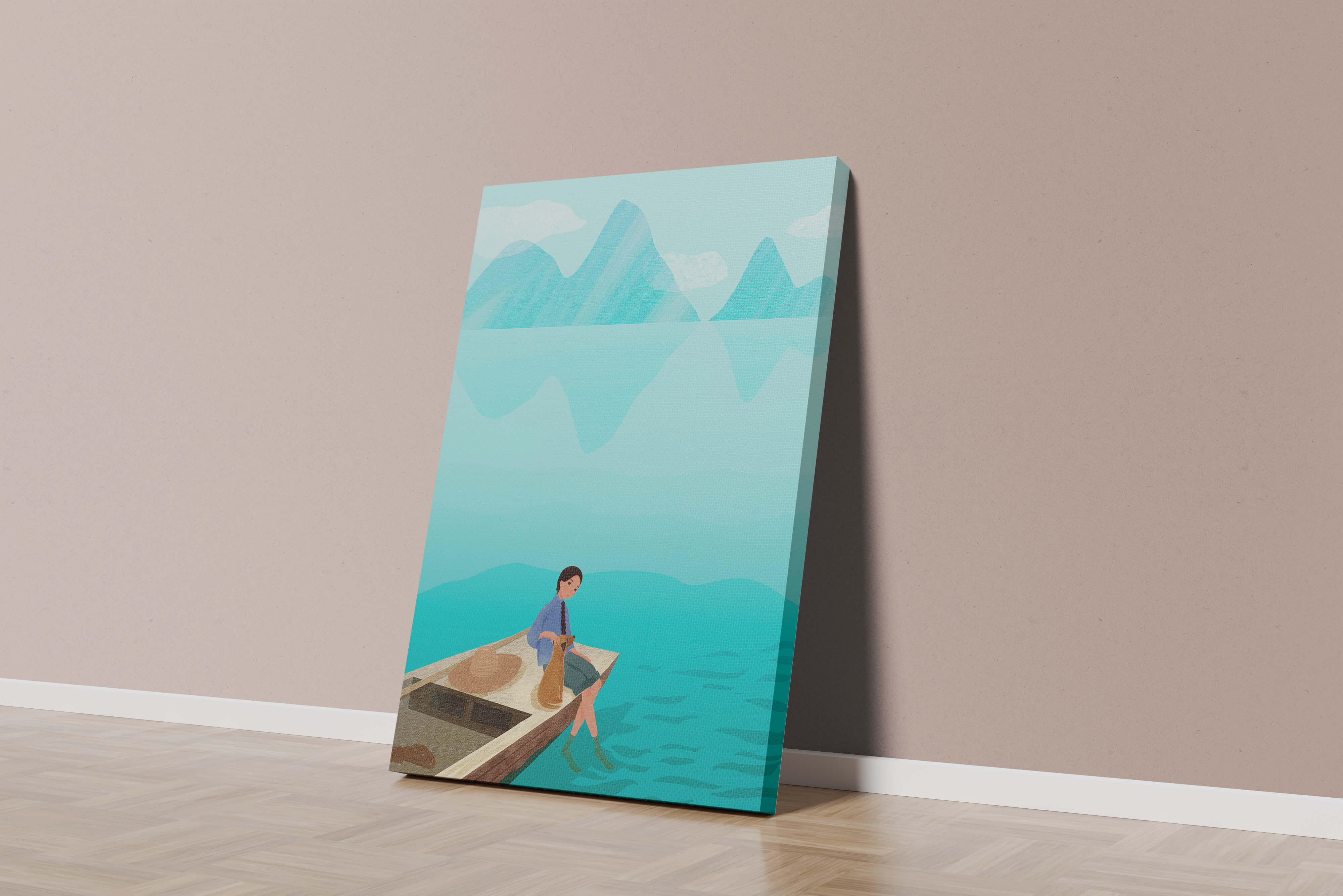 Serene scene with woman and dog on a boat by tranquil waters