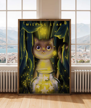 Cat under starry night in a magical forest setting