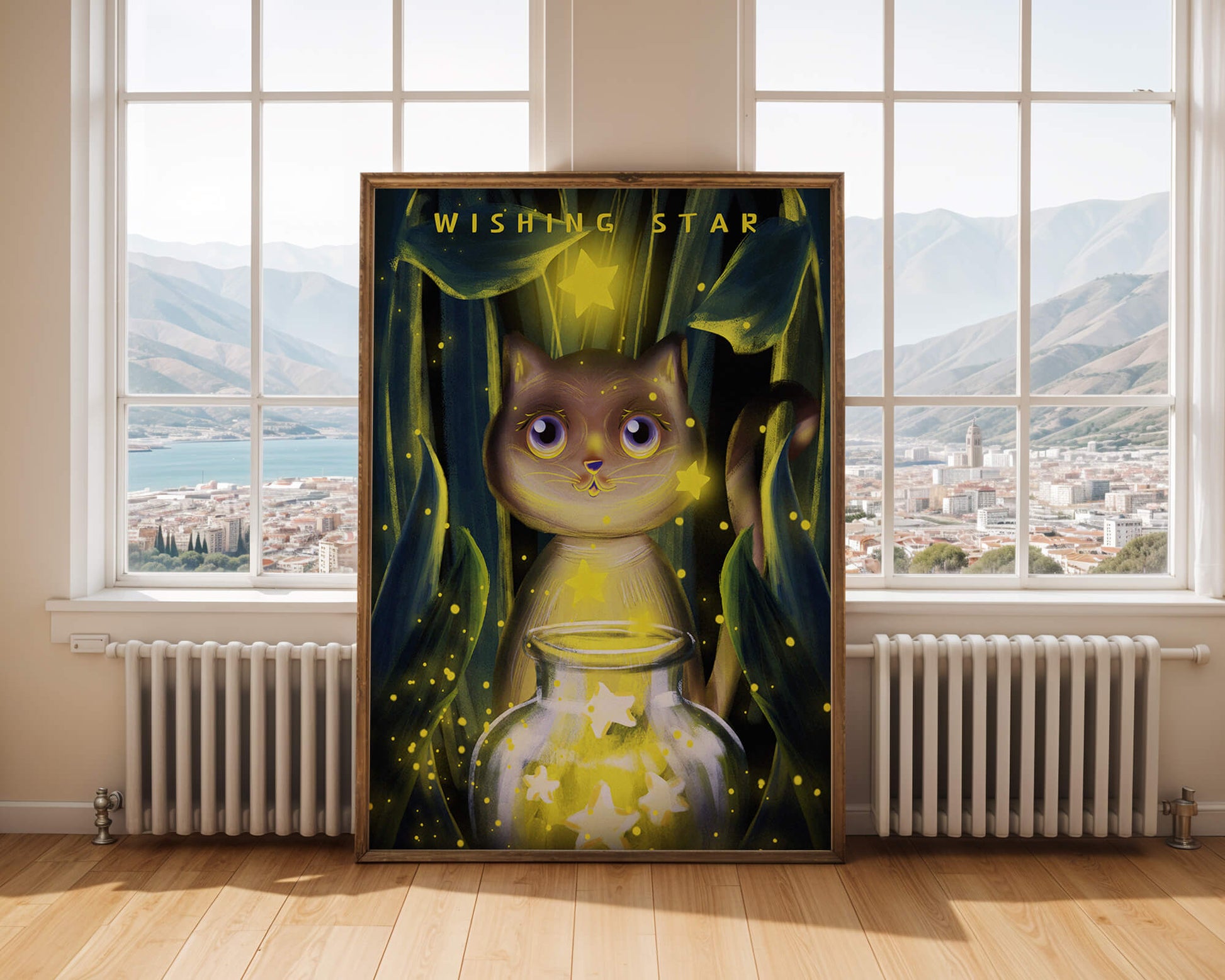 Cat under starry night in a magical forest setting