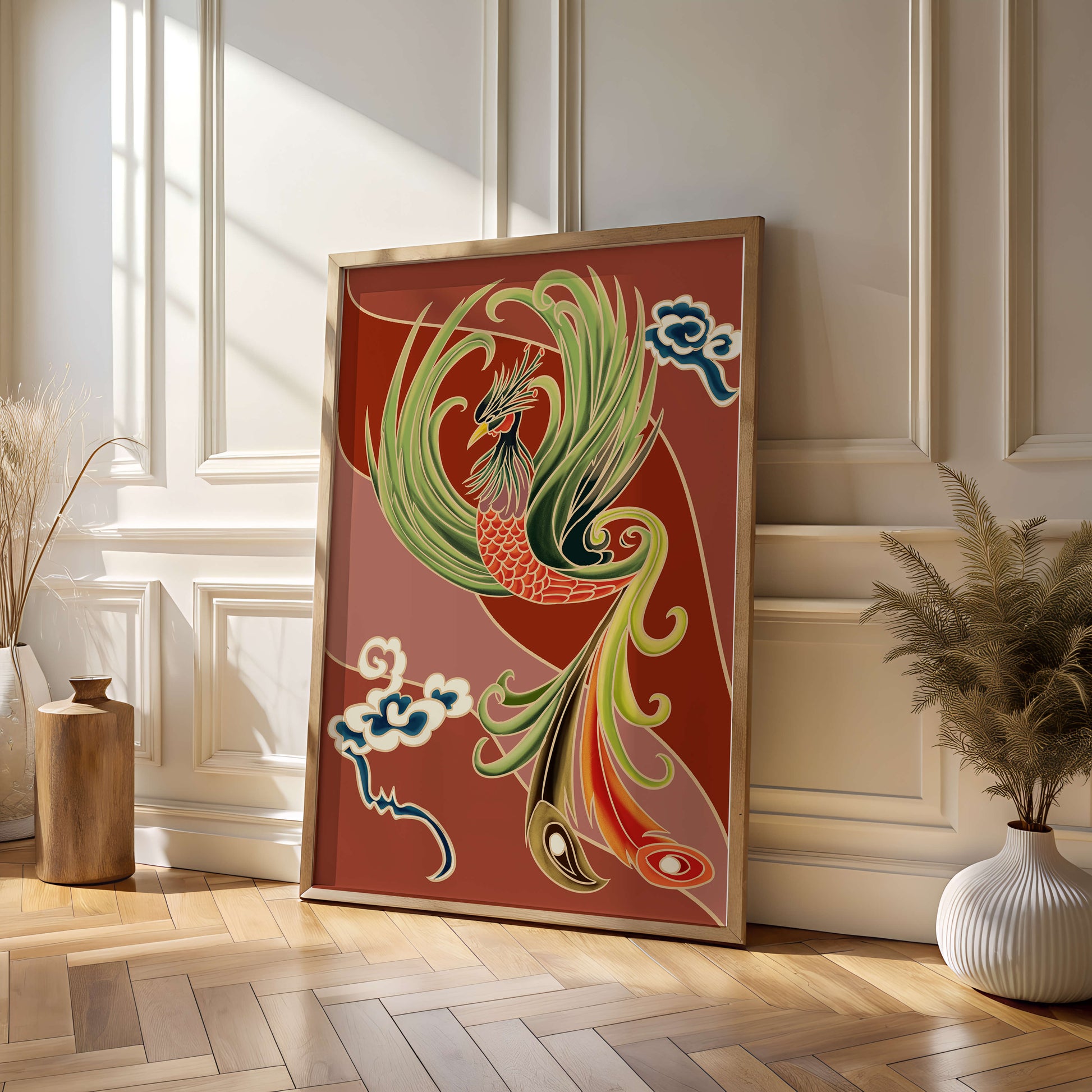 Stylized phoenix illustration with vibrant colors and clouds