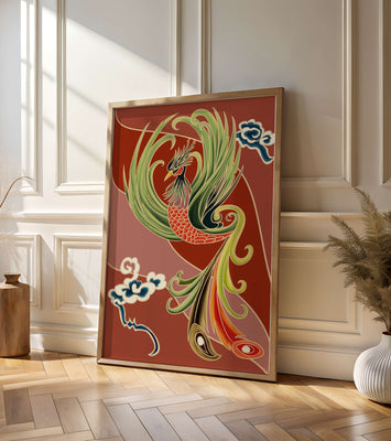 Stylized phoenix illustration with vibrant colors and clouds