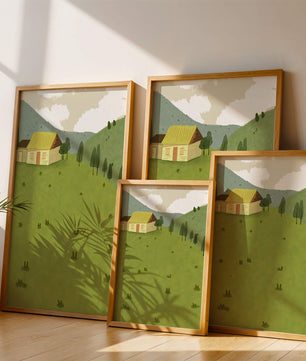 Charming countryside landscape with house and green hills