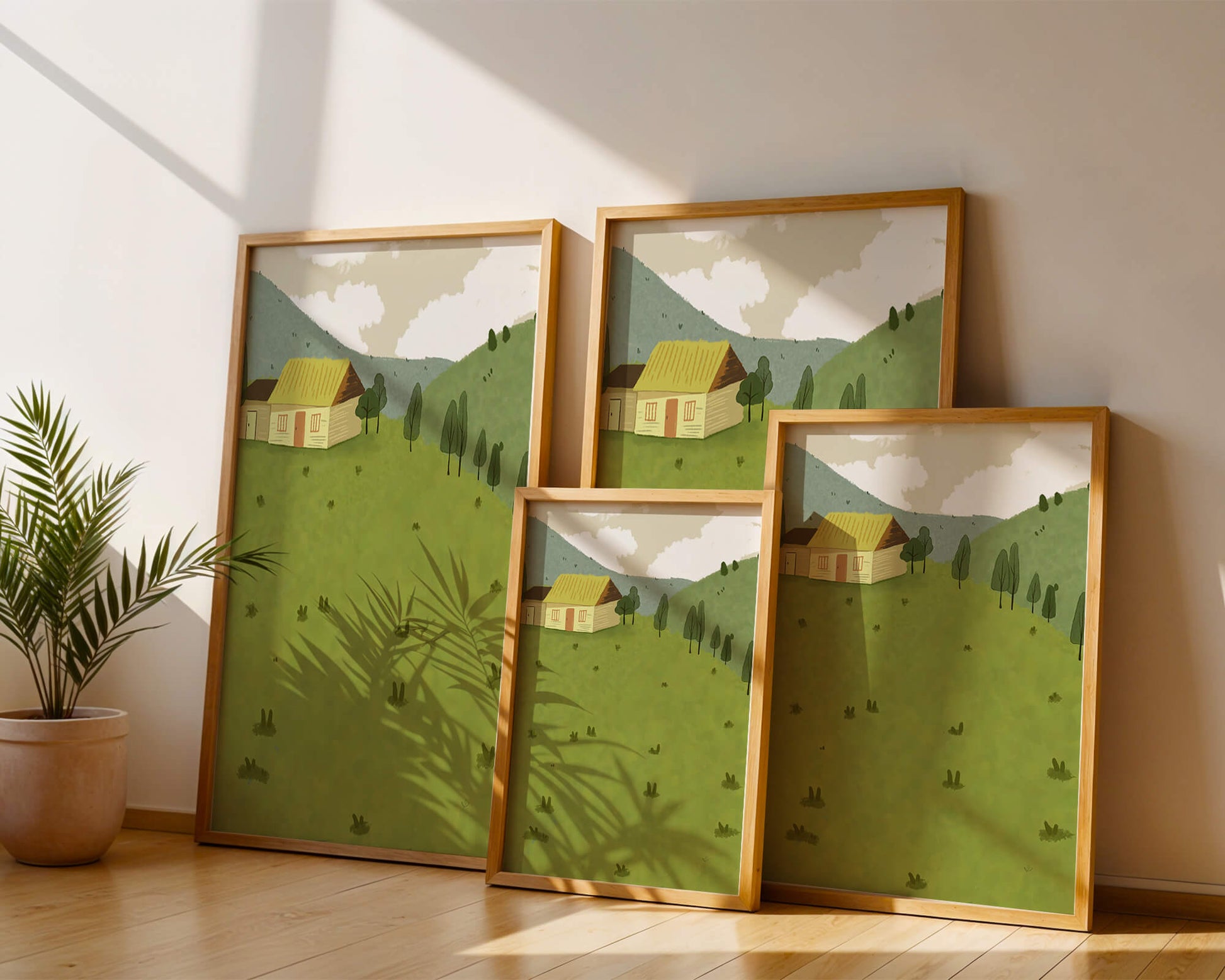 Charming countryside landscape with house and green hills