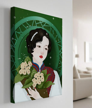Elegant portrait of a woman with a bouquet of roses on a green abstract background