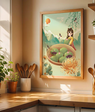 Charming Scene with Traditional Dress and Scenic Landscape Featuring Floral Elements and Birds