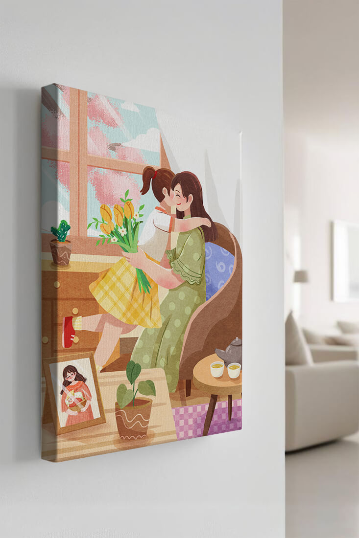 Cozy living room scene with mother and daughter hugging near window