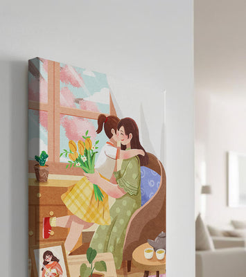 Cozy living room scene with mother and daughter hugging near window