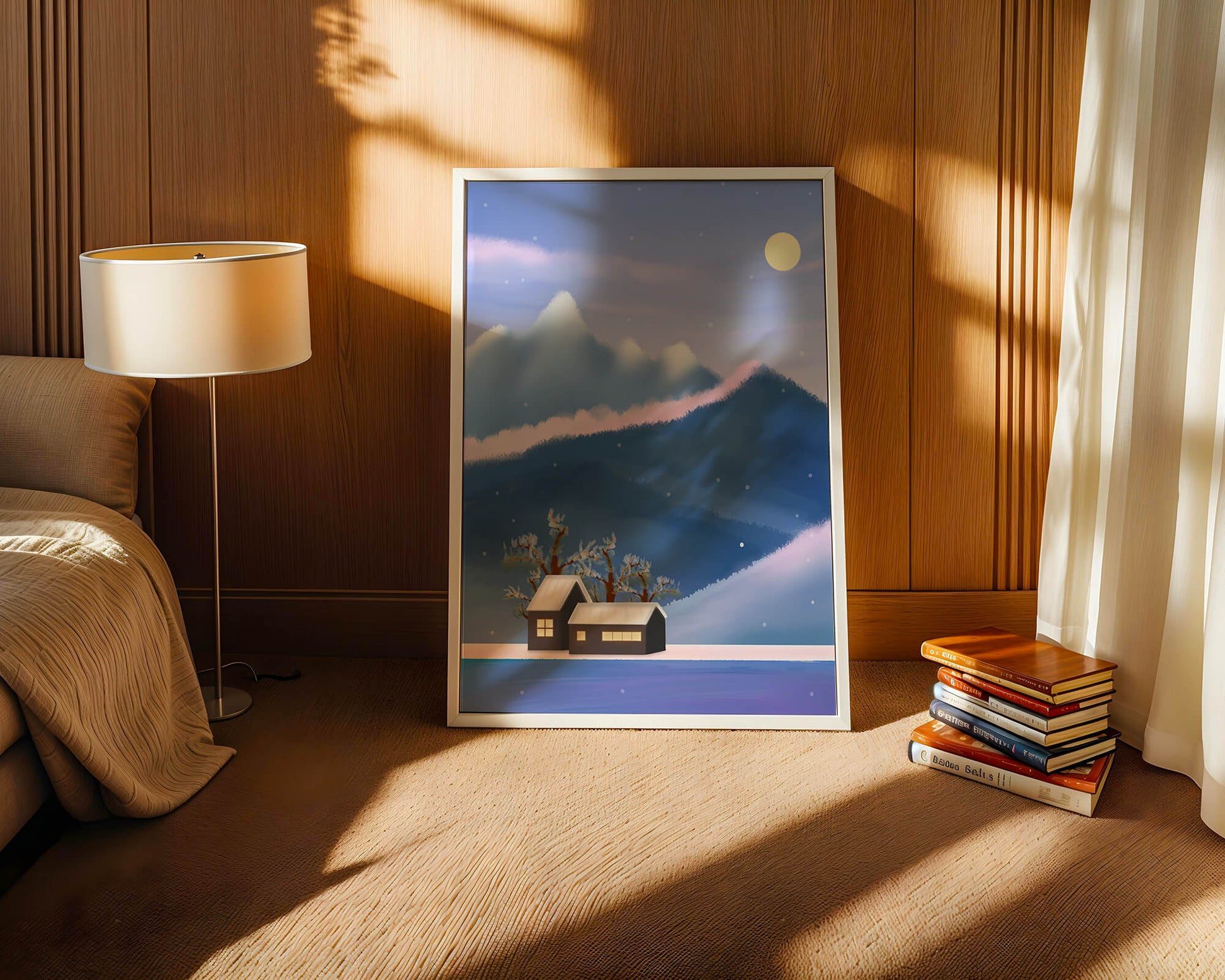 Paysage de montagne enneigée avec des maisons et des arbres sous la lumière de la lune