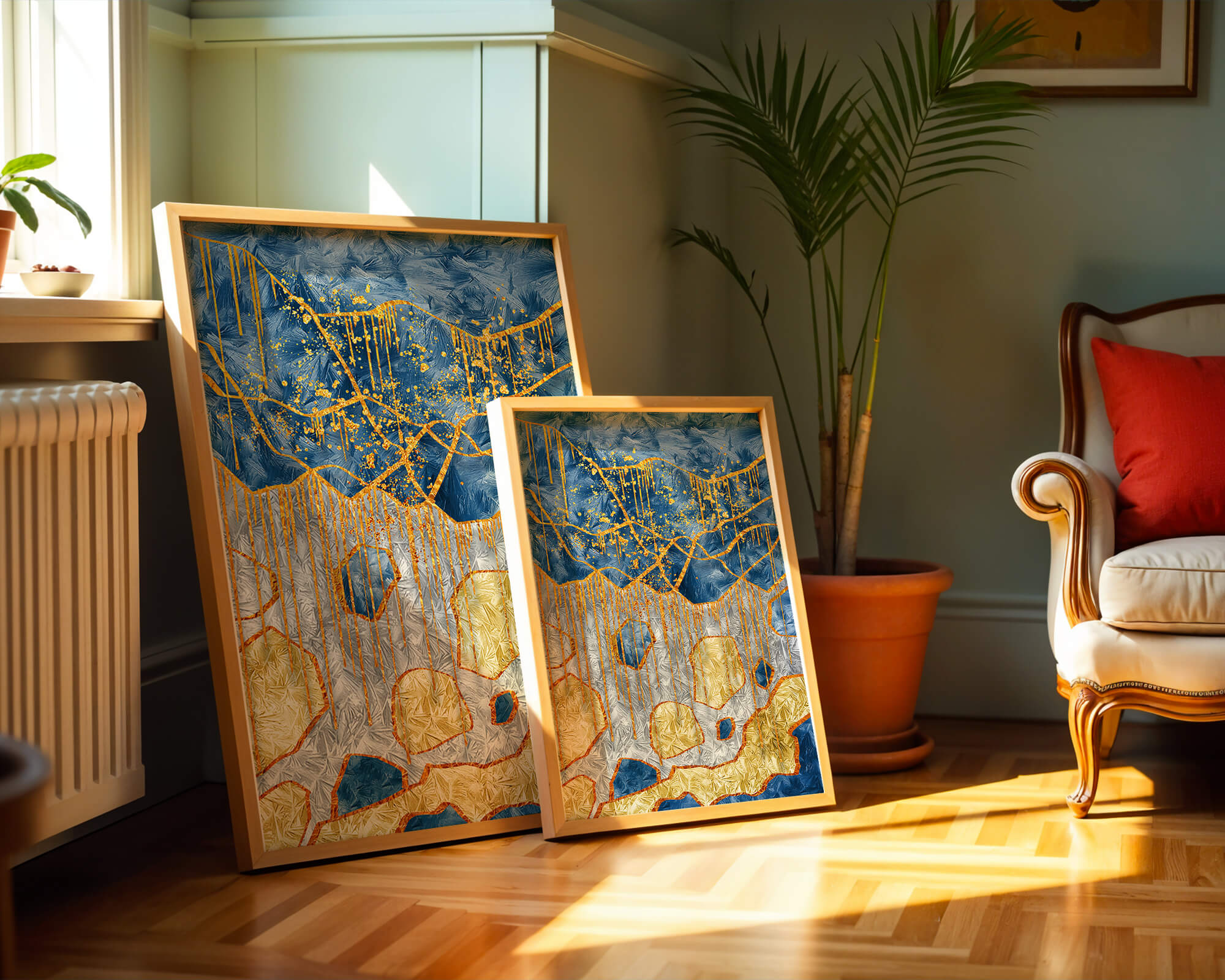 Abstract gold and blue textured art with dynamic splashes of color