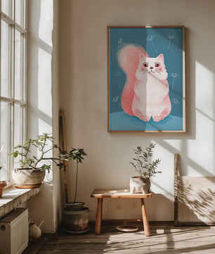 Whimsical Cat Illustration with Dandelions on Blue Background - Mi tienda