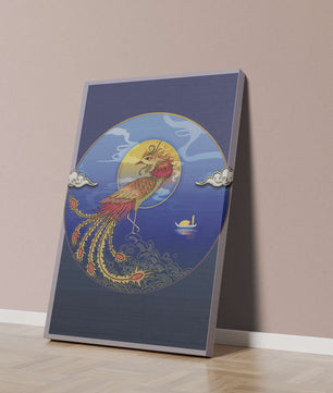 Phénix doré aux plumes éclatantes dans un décor marin mystique