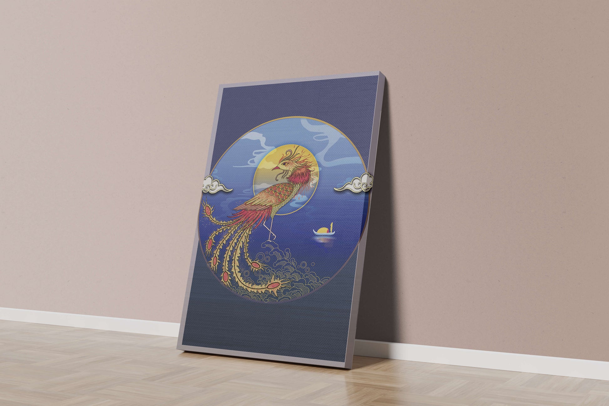 Golden Phoenix with Vibrant Feathers in Mystical Sea Setting