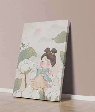 Illustration élégante d'une jeune fille en tenue traditionnelle au milieu de plants de coton