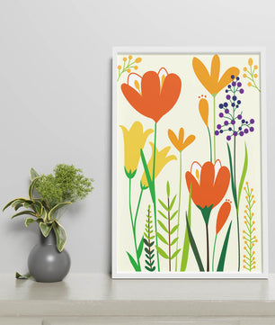 Bright Floral Illustration with Orange, Yellow, and Purple Flowers in Bold Colors
