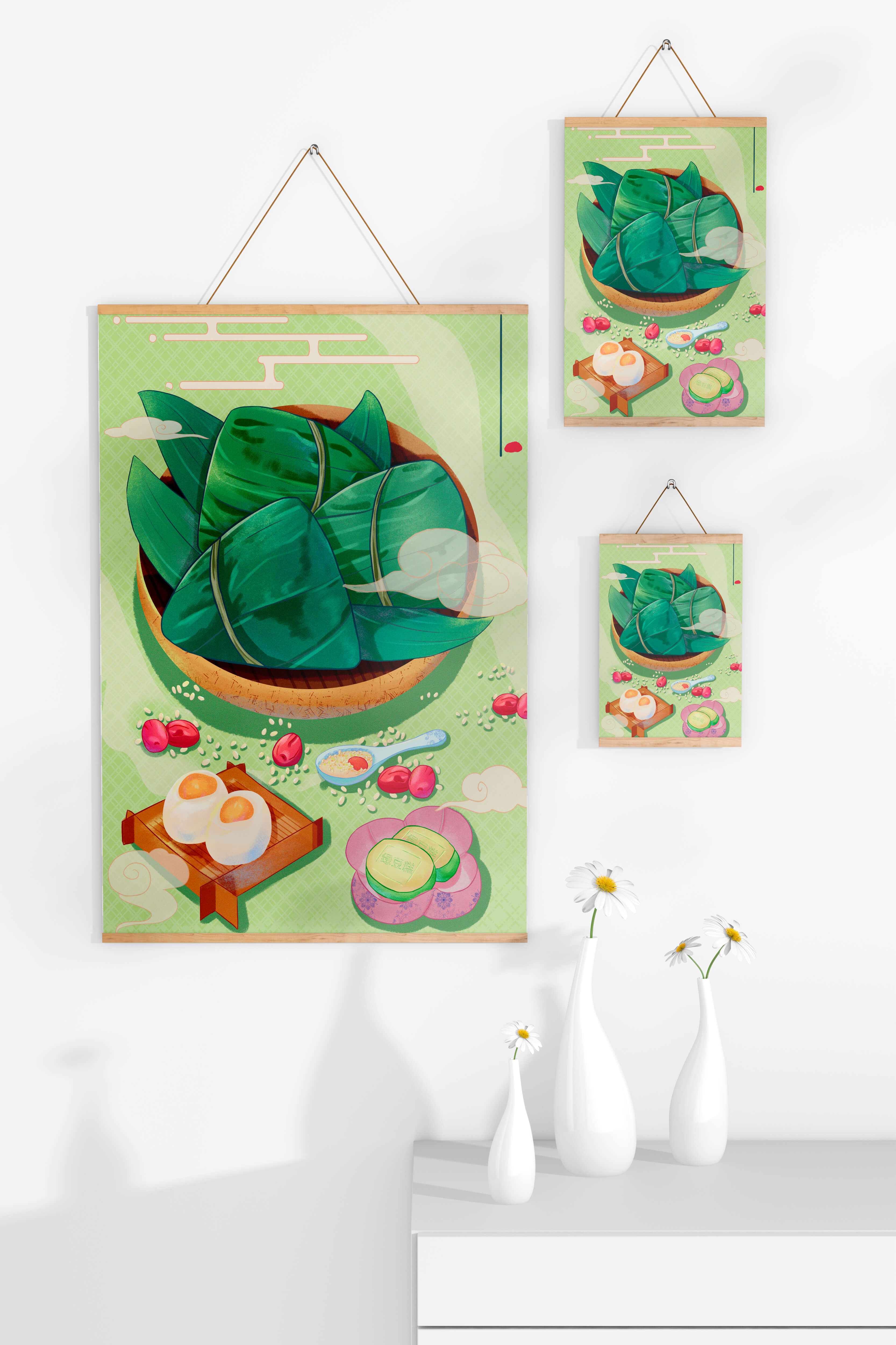 Traditional Asian food illustration with rice dumplings and mooncakes on a green background