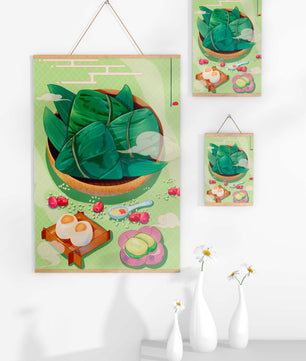 Traditional Asian food illustration with rice dumplings and mooncakes on a green background