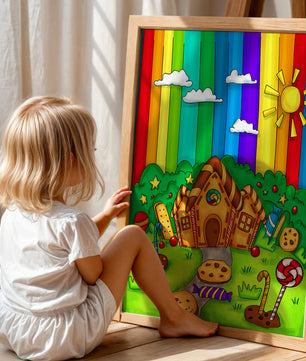 Whimsical candy house in a vibrant rainbow landscape