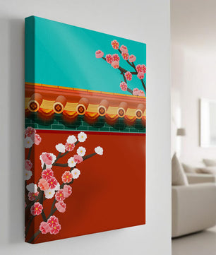 Arquitectura asiática tradicional con cerezos en flor
