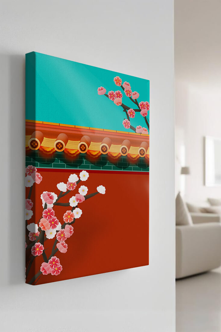 Traditional Asian architecture with cherry blossoms
