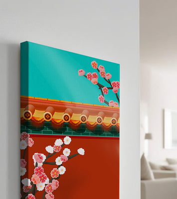 Traditional Asian architecture with cherry blossoms